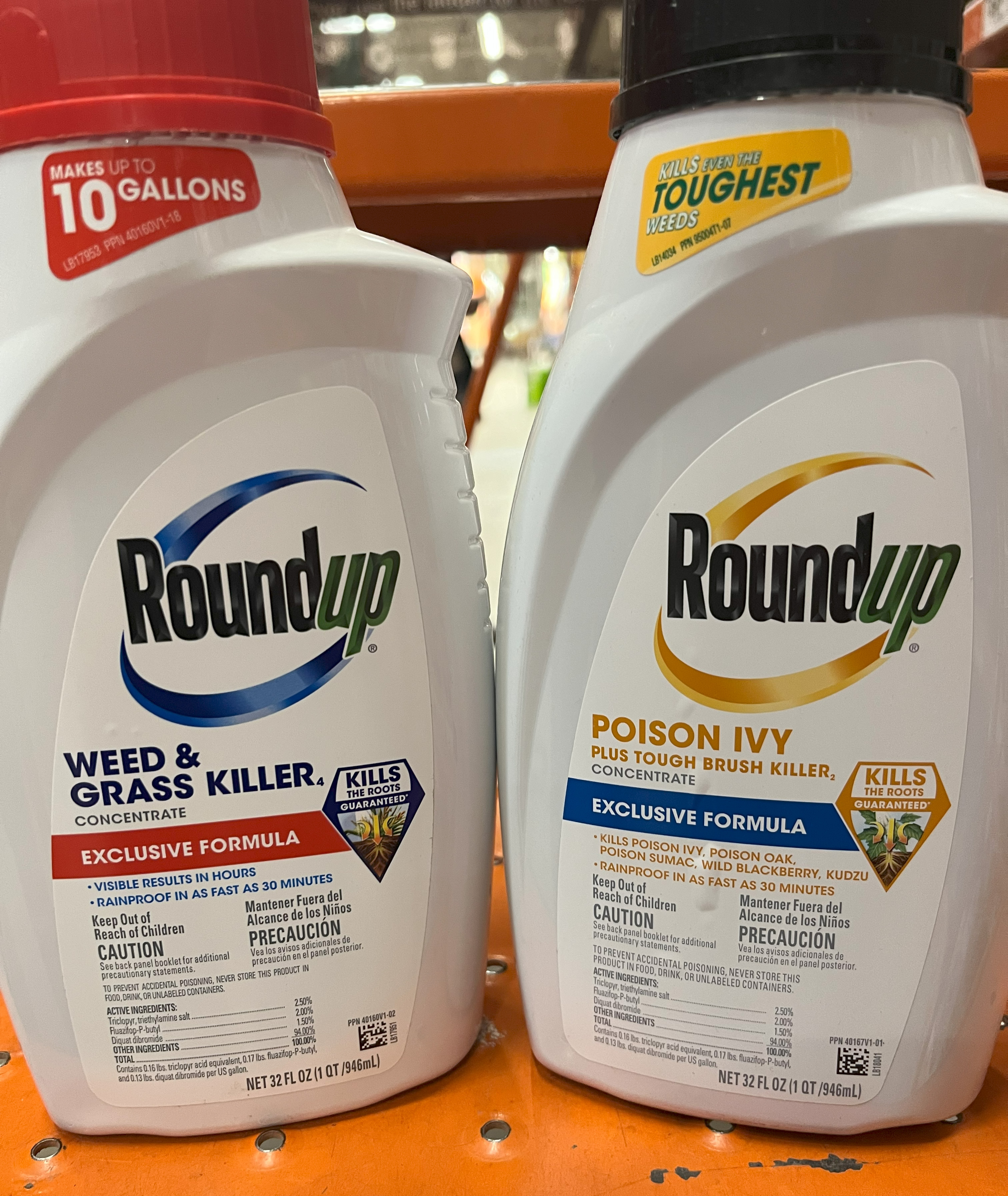 Two bottles of Roundup. One is Roundup Weed and Grass Killer Concentrate Exclusive Formula and the other is Roundup Poison Ivy Plus Tough Brush Killer Concentrate Exclusive Formula.
